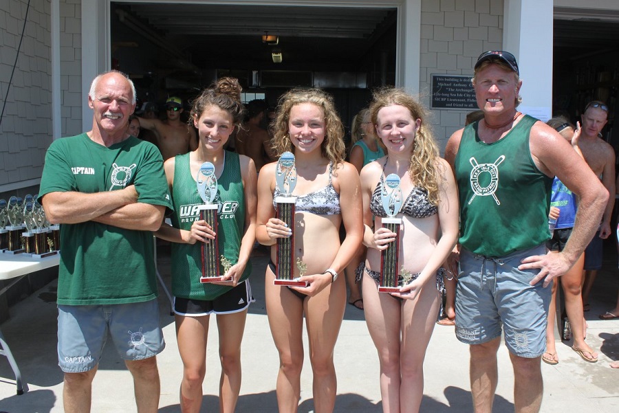 Kristen Gullickson, 14, of Staten Island, NY (center) was the first place winner in the Women’s Division of the Sea Isle City Beach Patrol’s 2016 1-Mile Ocean Swim on July 23. Gullickson was followed by Gabriel Vanfaselld, 17, of Staten Island, NY, second place (second from left), and Deirde McCafferty, 14, of Staten Island, NY, third place. They are shown receiving trophies from SICBP Captain Renny Steele (far left) and SICBP Assistant Captain John Temme.