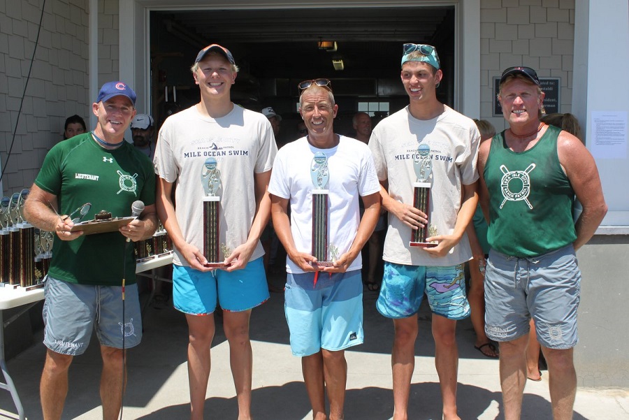 The overall first place winner of the Sea Isle City Beach Patrol’s 2016 1-Mile Ocean Swim was Billy Auty, 43, of Wildwood, NJ (center). Auty was followed by Odgen Leyens, 18, of Fort Washington, PA, second place (second from left); and Jake Sannem, 17, of Ambler, PA, 22:49, third place (second from right). The winners are shown with SICBP Lieutenant Dave Stearne (far left) and SICBP Assistant Captain John Temme.
