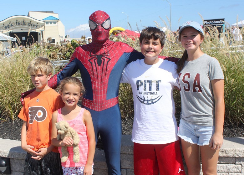 You never know who you will meet during Fall Family Festival in Sea Isle City. Shown with Spiderman in 2015 are Luke Monichetti, 11, of Sea Isle City (second from right) and (from left) Steven Elinski, 9, Kaci Elinski, 7, and Erin Elinski, 15, all of Exton PA. 