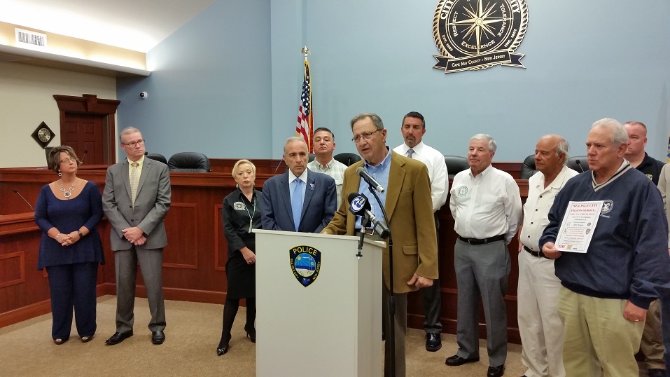 Sea Isle City Board of Education President Dan Tumolo, at podium, said children generally become aware of drugs as early as the seventh grade.