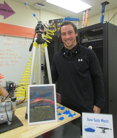 Randall Kohr, Ocean City Primary School OC Tech Lab teacher, stands with the rocket launcher his students will use to test their creations for NASA’s Journey to Mars Rocket Challenge.