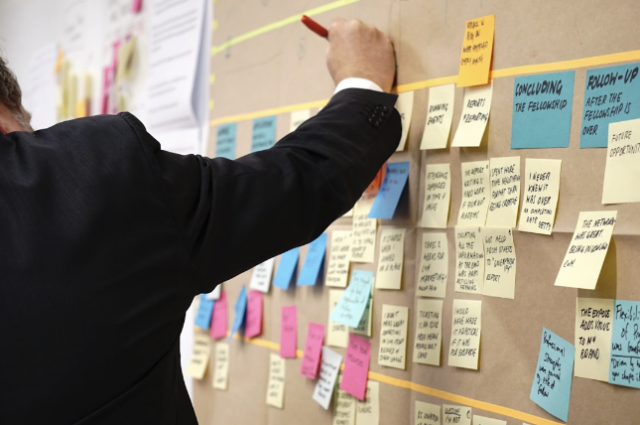A team uses sticky notes to plan examples of project invoicing.