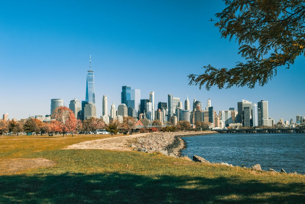 Park in Jersey City during the day with a view of the city skyline